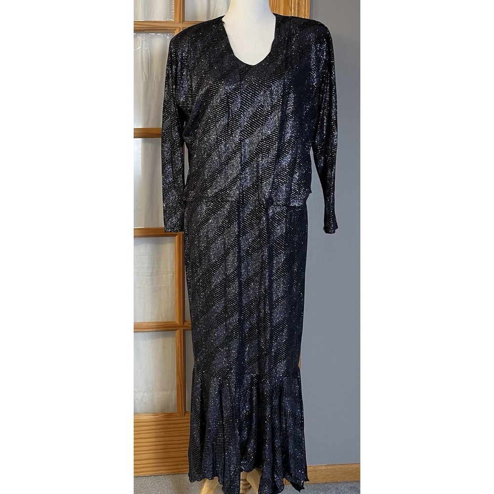 Vtg 2Pc Formal Outfit Jacket Maxi Dress M-L Metallic Blue USA Made